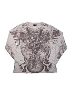 VTG Harley Davidson - Brown Flame Waffle Knit Themal Long Sleeve Shirt - Mens XL